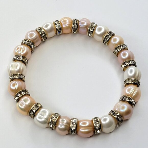 Pink and White Pearls Crystal Stretch Bracelet - Picture 1 of 8